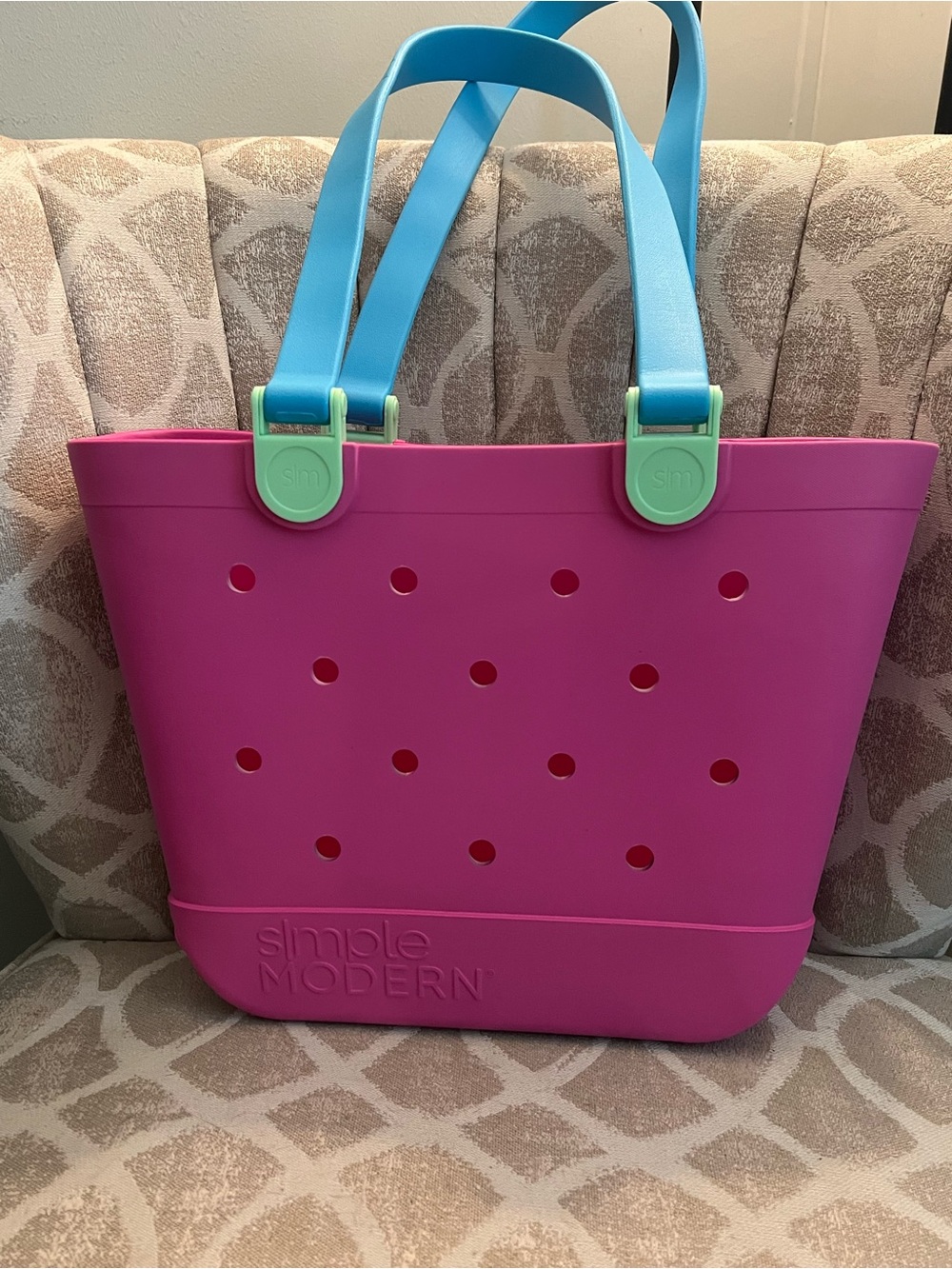Simple Modern Pink Tote with Blue Handles